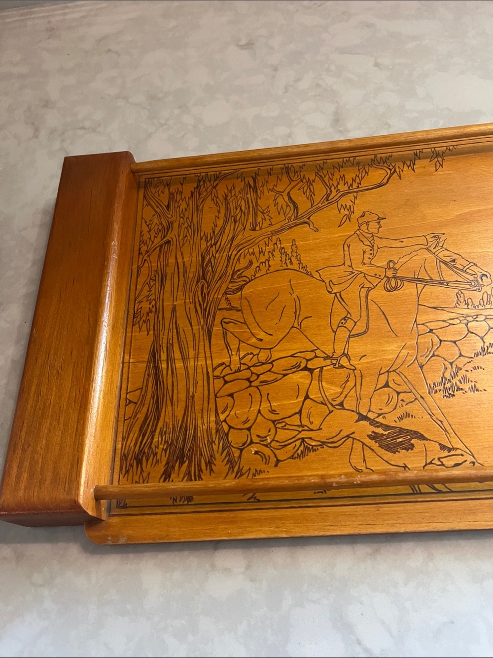 Vintage wood tray Pyrography Fox hunting scene Handmade - Picture 2 of 6